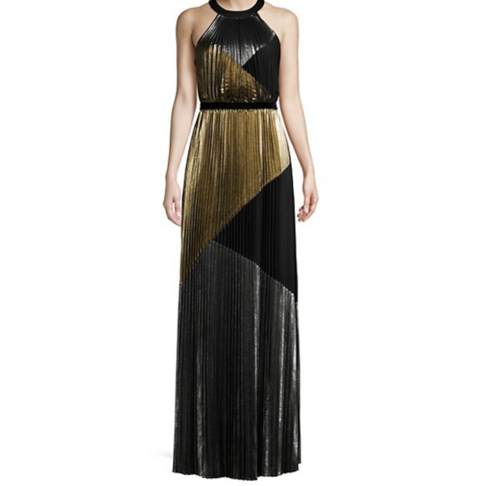 BCBGMaxAzria Metallic Sunburst Pleat Gown 00